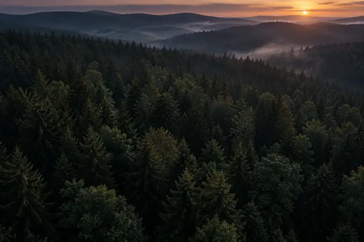 Dense treetops in a dark green forest at dusk, seen from above, with quiet atmospheric shadows.