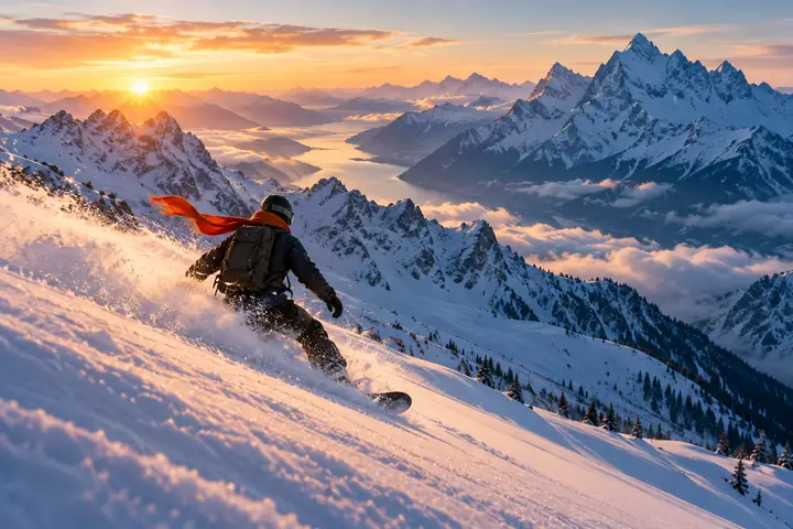 A lone snowboarder wearing an orange scarf descends a steep powder slope at sunrise, with an immense blue mountain range behind them; cinematic wide framing.