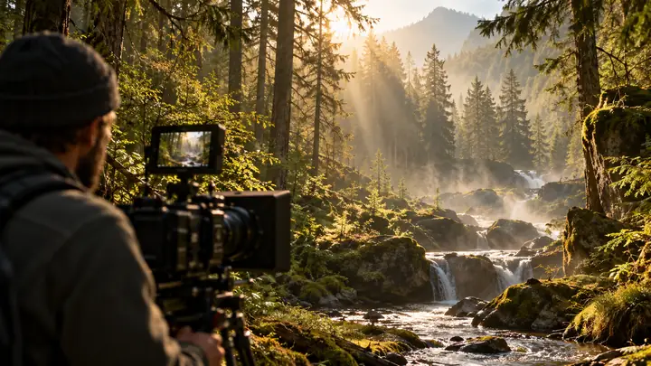 Soft-focus sunlight filters through a green woodland, seen through the viewfinder of a cinematic camera; warm, atmospheric, wide framing.
