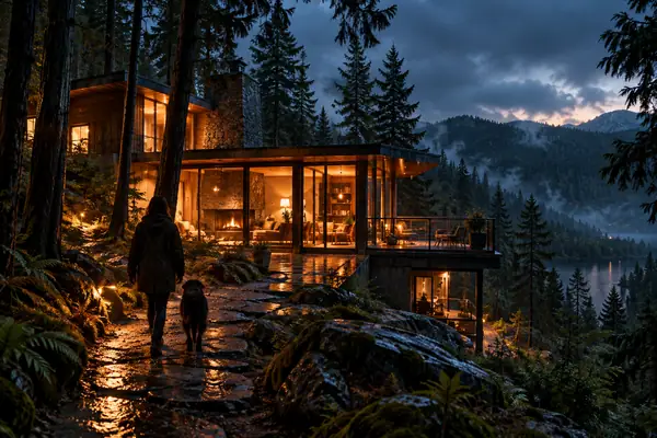 A warmly lit contemporary home sits among dark, rain-soaked forest trees at dusk.