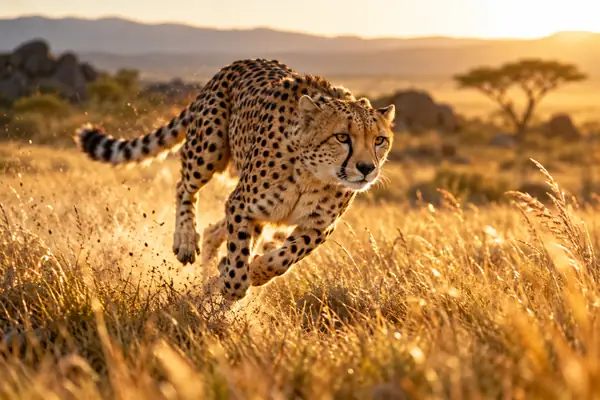 A cheetah runs through sunlit golden grass, captured in a dynamic wildlife photograph.