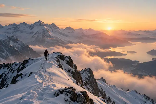 A tiny explorer walks along a snowy ridge beneath a pale sunrise, photographed from far away.