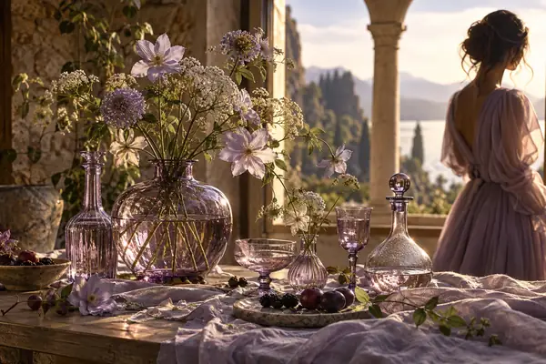 Lavender glass vessels and pale flowers form a softly lit editorial still life.