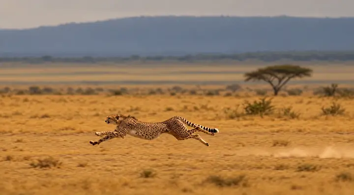 A cheetah running across an open golden savanna