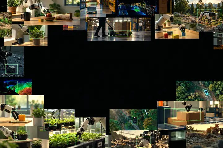 A collage of robotics demonstrations and computer vision scenes