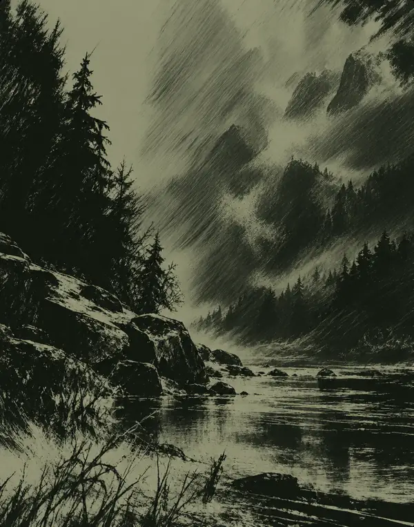 Layered charcoal and muted green abstract natural forms